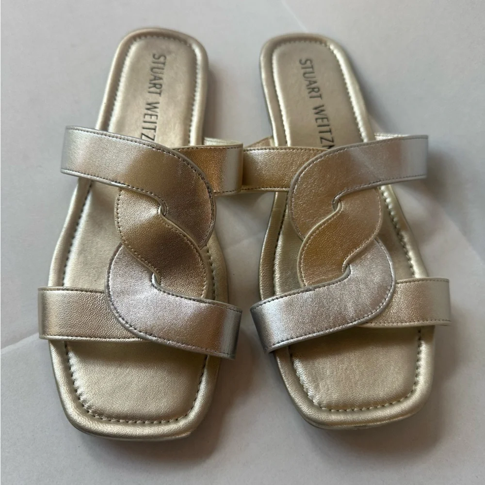 Stuart Weitzman “Ibiza” Silver/Gold Open Square Toe Slide Sandals Size 11 EUC!